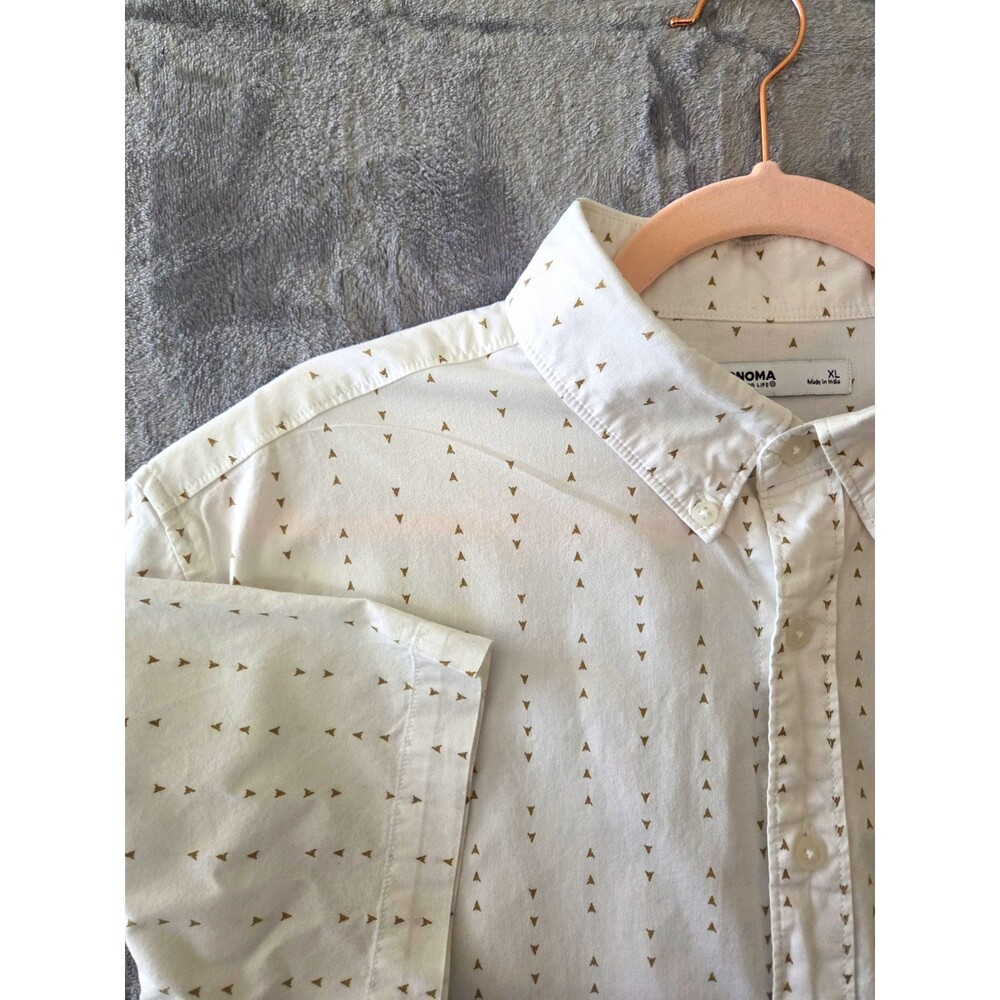 Sonoma Mens XL Cotton Button Down Shirt White Tan Geometric Pockets Preppy Ditsy